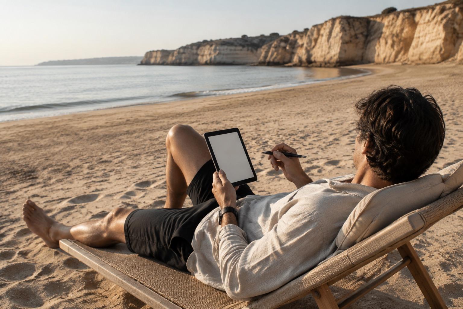 A reader relaxing on an Algarve beach with an e-reader and pen